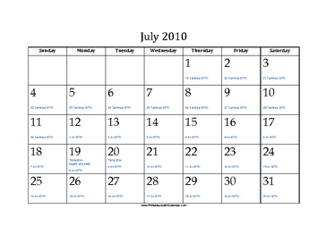 July 2010 Calendar with Jewish equivalents and holidays 
