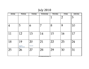 July 2010 Calendar with Jewish holidays 