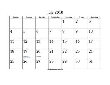 July 2010 Calendar with Jewish holidays 