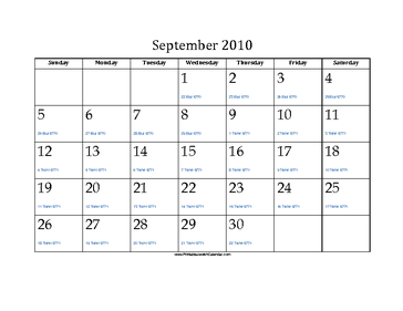 September 2010 Calendar with Jewish equivalents 