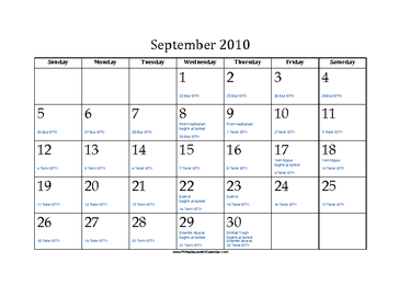 September 2010 Calendar with Jewish equivalents and holidays 
