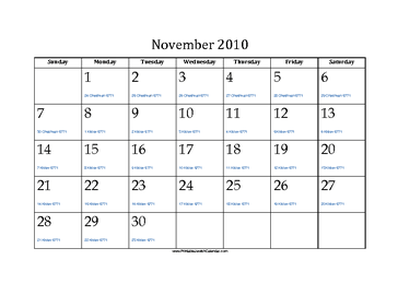 November 2010 Calendar with Jewish equivalents and holidays 