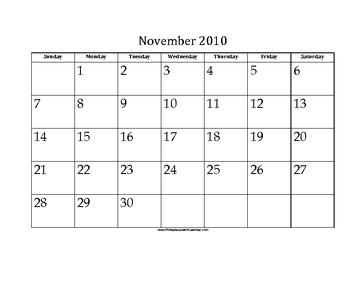 November 2010 Calendar with Jewish holidays 