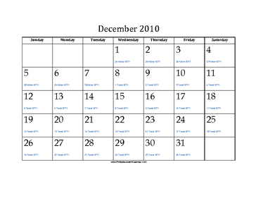 December 2010 Calendar with Jewish equivalents 