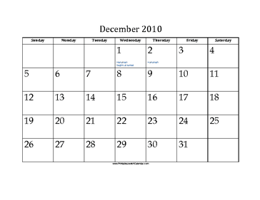 December 2010 Calendar with Jewish holidays 