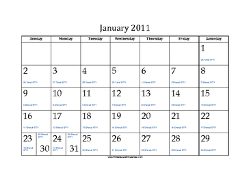 January 2011 Calendar with Jewish equivalents 