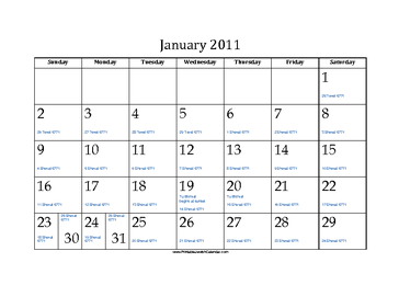 January 2011 Calendar with Jewish equivalents and holidays 