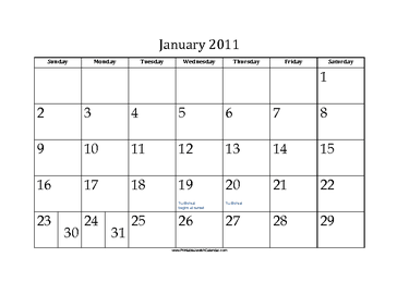 January 2011 Calendar with Jewish holidays 