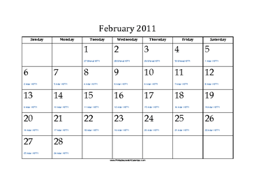 February 2011 Calendar with Jewish equivalents 