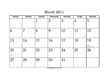 March 2011 Calendar with Jewish holidays 