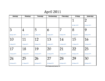 April 2011 Calendar with Jewish equivalents 