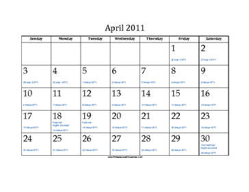 April 2011 Calendar with Jewish equivalents and holidays 