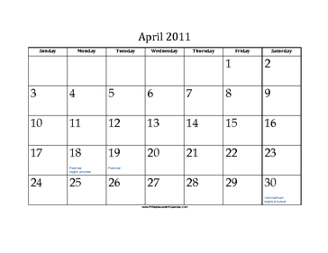 April 2011 Calendar with Jewish holidays 