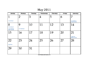 May 2011 Calendar with Jewish holidays 