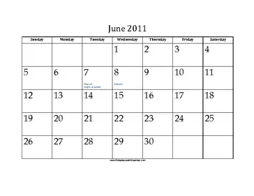 June 2011 Calendar with Jewish holidays 