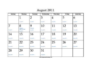 August 2011 Calendar with Jewish equivalents and holidays 