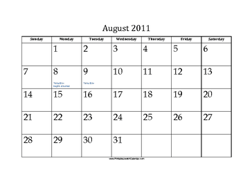 August 2011 Calendar with Jewish holidays 