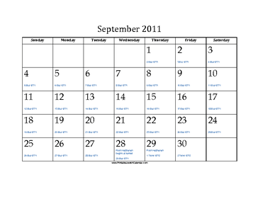 September 2011 Calendar with Jewish equivalents and holidays 