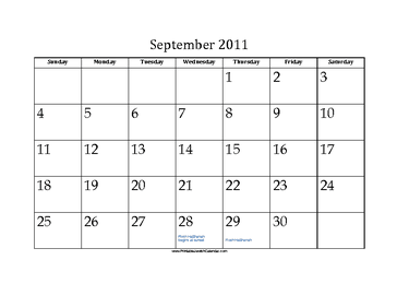 September 2011 Calendar with Jewish holidays 