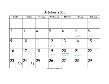 October 2011 Calendar with Jewish holidays 