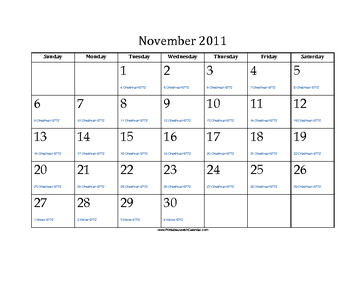 November 2011 Calendar with Jewish equivalents and holidays 
