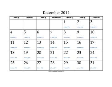 December 2011 Calendar with Jewish equivalents 