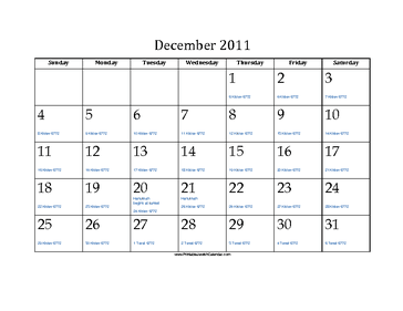 December 2011 Calendar with Jewish equivalents and holidays 