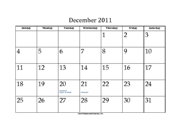 December 2011 Calendar with Jewish holidays 
