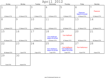 April 2012 Calendar with Jewish equivalents 