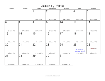 January 2013 Calendar with Jewish equivalents 