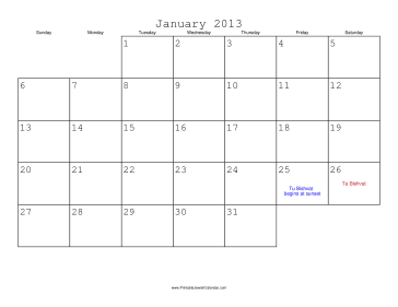 January 2013 Calendar with Jewish holidays 
