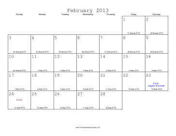 February 2013 Calendar with Jewish equivalents 