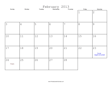 February 2013 Calendar with Jewish holidays 