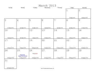 March 2013 Calendar with Jewish equivalents 