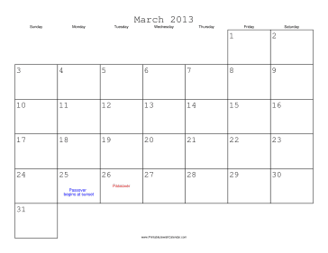 March 2013 Calendar with Jewish holidays 