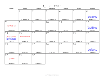 April 2013 Calendar with Jewish equivalents 