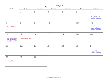 April 2013 Calendar with Jewish holidays 