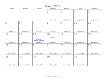 May 2013 Calendar with Jewish equivalents 