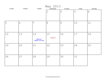 May 2013 Calendar with Jewish holidays 