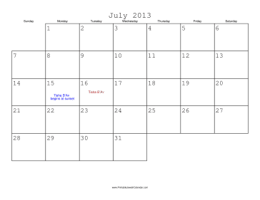 July 2013 Calendar with Jewish holidays 