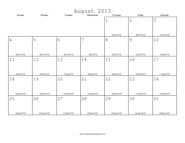 August 2013 Calendar with Jewish equivalents 