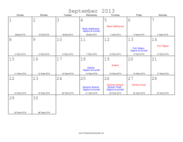 September 2013 Calendar with Jewish equivalents 