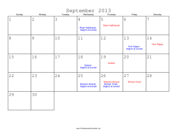 September 2013 Calendar with Jewish holidays 
