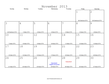 November 2013 Calendar with Jewish equivalents 