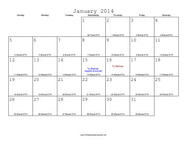 January 2014 Calendar with Jewish equivalents 