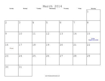 March 2014 Calendar with Jewish holidays 