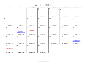 April 2014 Calendar with Jewish equivalents 