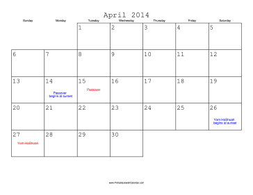 April 2014 Calendar with Jewish holidays 