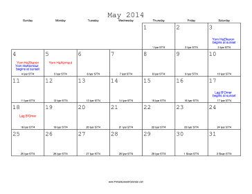 May 2014 Calendar with Jewish equivalents 