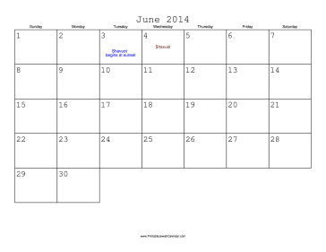 June 2014 Calendar with Jewish holidays 